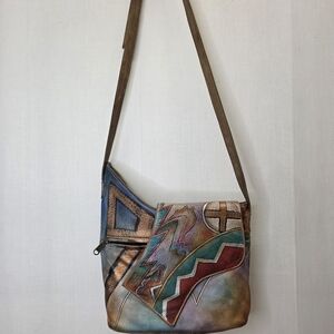 VINTAGE Anuschka Hand Painted Leather Geometric Crossbody Bag - Boho Artsy